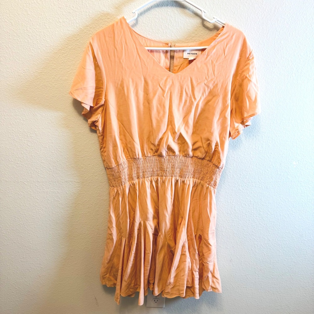 Heyson Women's‎ Tunic Peach Large Smocked Waist Ruffle Hem Short Sleeve